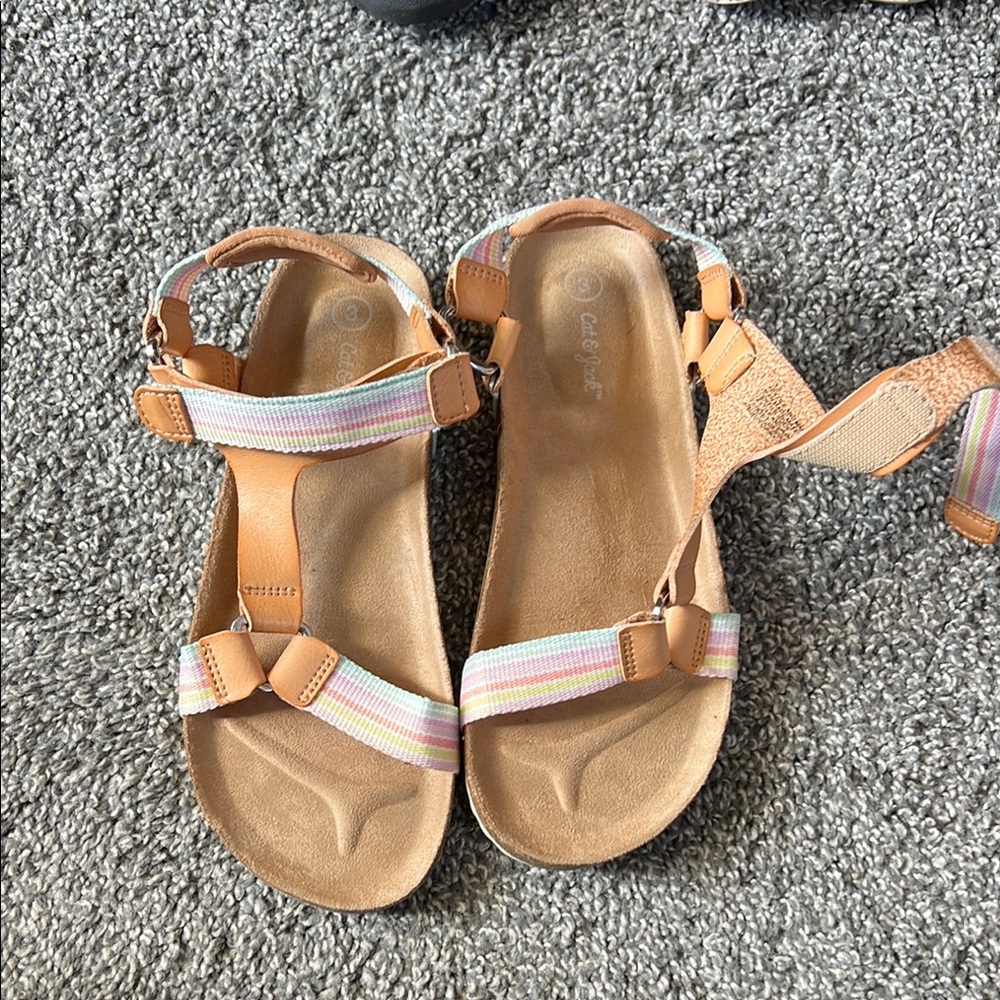 Girls Tan Sandals with Multicolor Straps